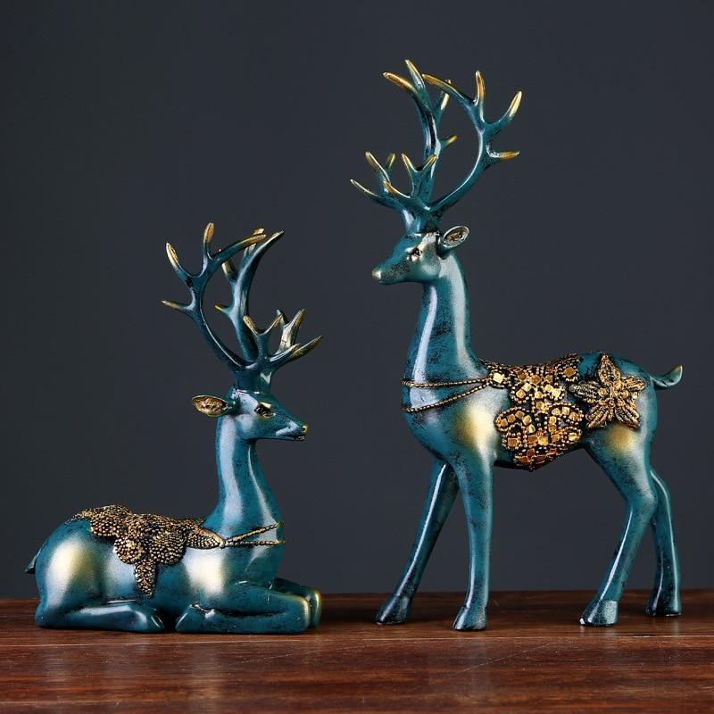 European style 2 Pcs Resin Deer Figurine Statue Home Living Room Decor Crafts Sculpture Creative Gifts Modern Desktop Ornament